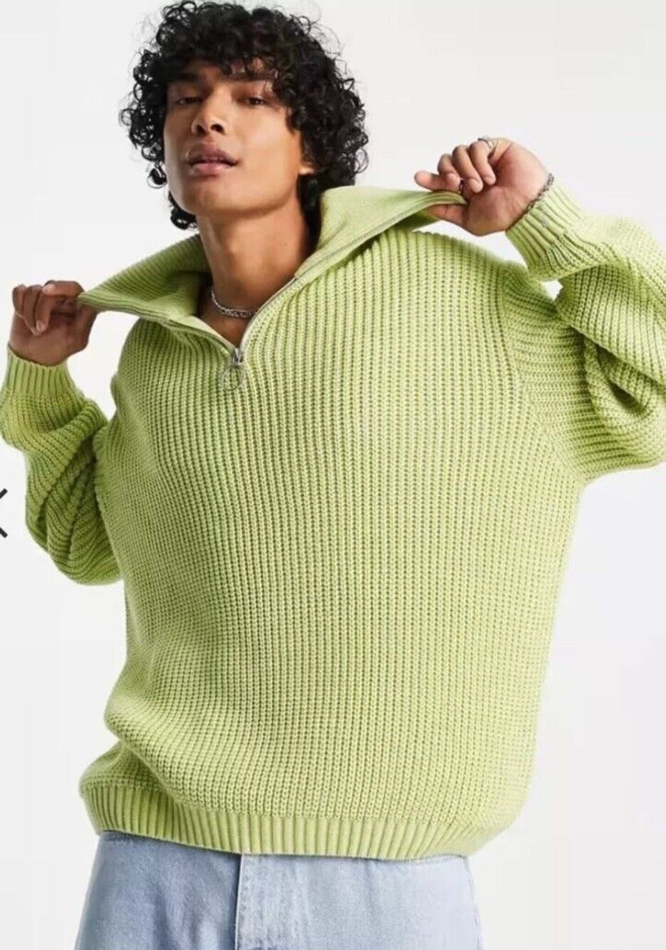 ASOS Unisex Oversized Neon Lemon Fisherman Rib Sweater Big Collar Size XS NEW